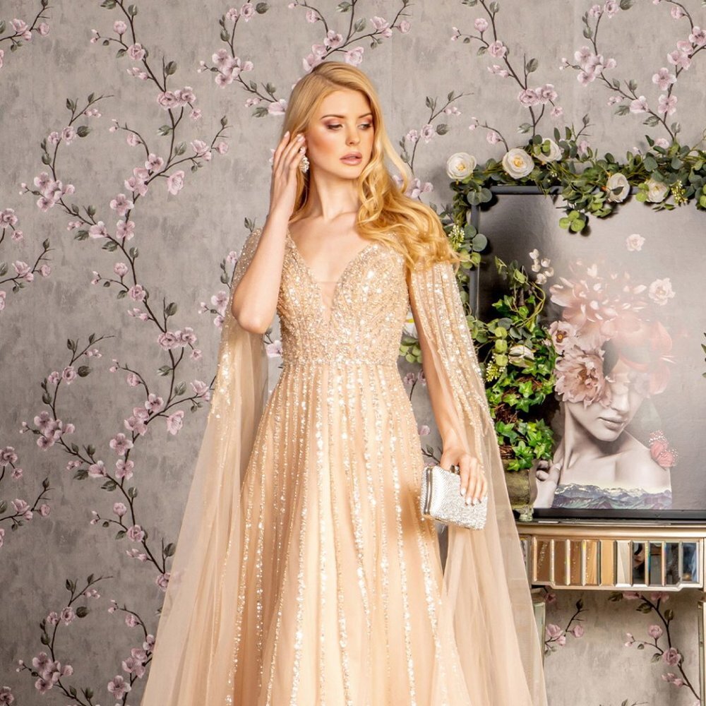 New Long A-Line Mesh Fomral Dress Embroidered With Sequins & Side Capes Gl3494